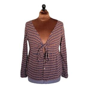 Willow&Root Boho Y2K Tie Front Long Sleeve Geometric Patterned Blouse Top Size M